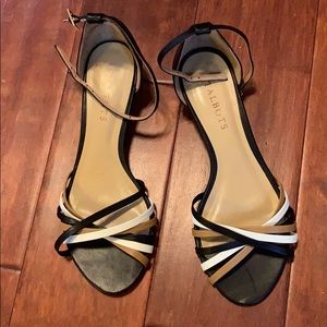 Talbots wedge sandal w/ white, tan & black straps.
